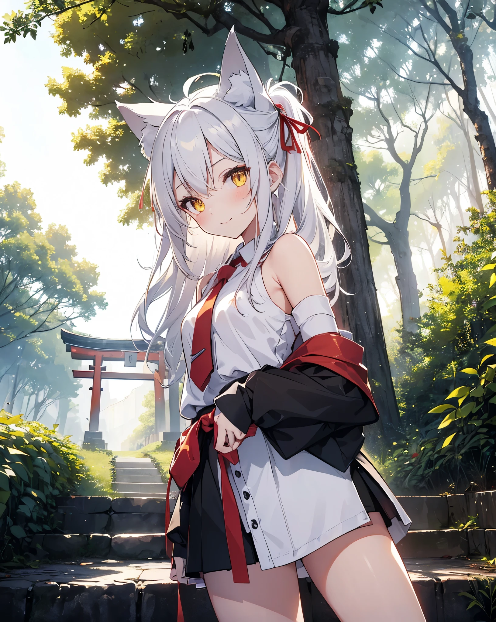 (Highest quality, Masterpiece: 1.2), (Solo), detailed night cute shot CHARACTER DESCRIPTION 1girl, cat ears, neko ears, fox tail. she's my girlfriend. solo, ((yellow eyes)), ((white_hair)). smile, long_hair, hair_between_eyes, Cute smile, she's flirting, looking_at_viewer, she blush. CLOTHES bare shoulder, ribbon on hair, Red Ribbon as necktie, black transparent black shirt, white shorts, red ribbon on hair, white nike sneakers with black details. AMBIENT Japanese mountain, Red Torii, Night Blue sky, white clouds, (Anime coloring book sky), Heaven, cliff, mirage, meteorite, 1moon. CORRECTION easy hand pose ACTION she is climbing the steps of a path to reach a japanese temple surrounded by nature. temple in the middle of the forest. lensflare. moonflare. delicate shot. relaxing shot.
