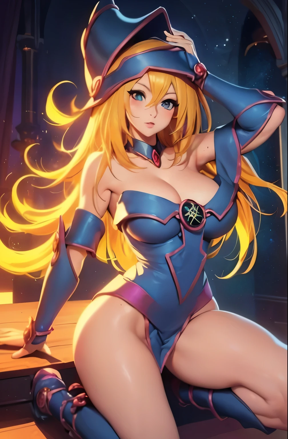 Best Quality, 8k , High resolution,masterpiece:1.2), (ultra detailed), (naked) (unclothed) (naked) (NSFW is not safe for artwork), (dark magician girl) (Yu-gi-oh setup), (pose sexual), (realist,photorealist,fotorrealista:1.37), (HdR,High Definition), (portrait), (vivid colors), (long legs), (clearly elongated face), (broad) (Hermosos detailed eyes), (beautiful detailed lips), (extremely detailed eyes and face),(yellow hair) bright eyes Dynamic angle and posture, soaked in sweat, perspiration, undressing (long eyelashes), (sharp focus), (Physically based representation), (unclothed), (big breasts) (open legs), (intense), (expression of intense desire), (Motion blur), (elegant), (slim figure), (anime inspired), (bright lights), (sexual), (contrasting colors), (mysterious atmosphere), (action packed scene), (Unique style), (amazing), (elegant), (evocative), (expressive), (Intriguing atmosphere), (giant breasts:1.2) ((Best Quality)),((Very detailed)),masterpiece,absurdities,detailed face,beautiful face,(detailed eyes, deep eyes),(1 girl),((dynamic pose)), erotic lingerie, (naked) (unclothed) (naked)