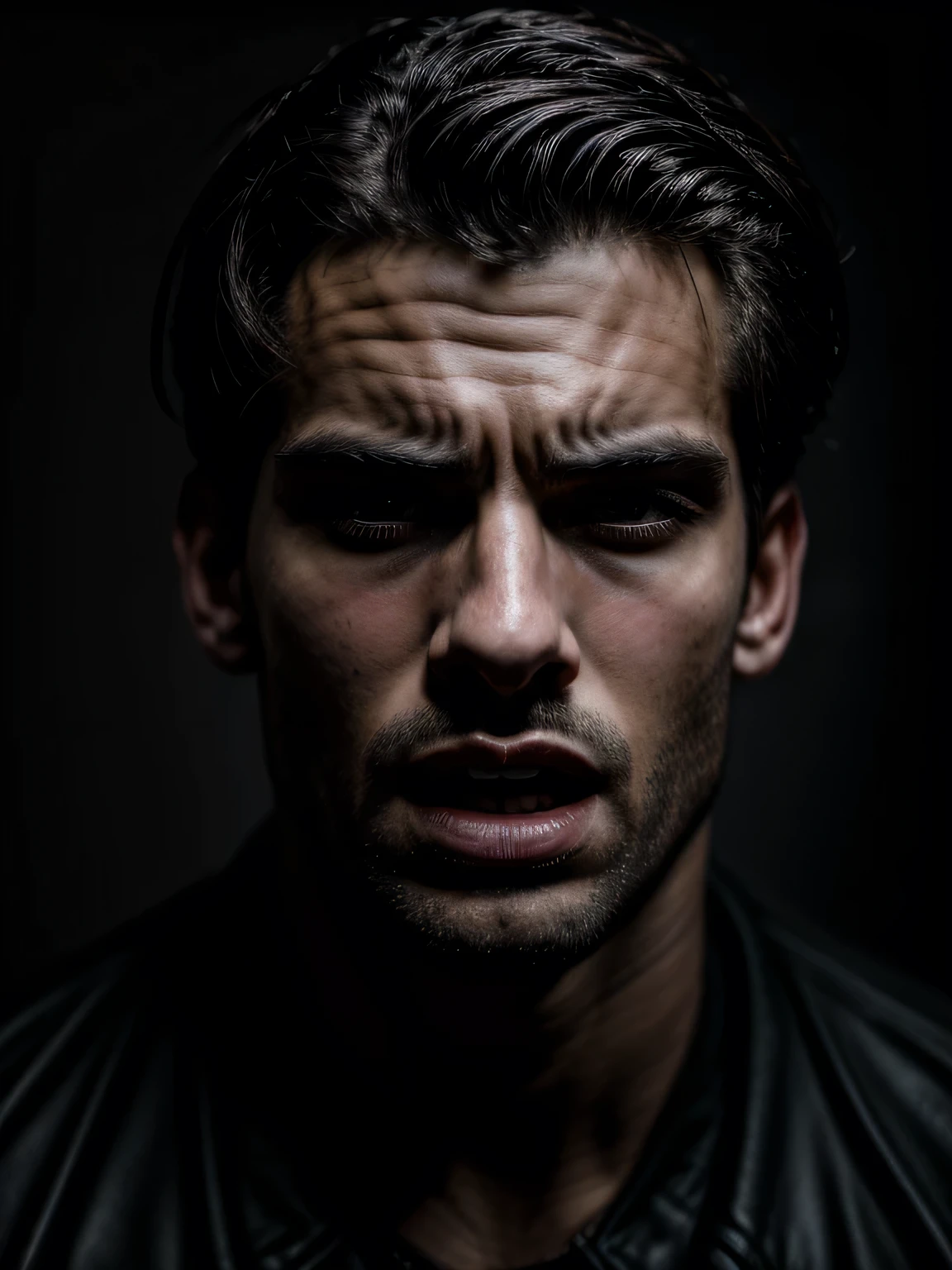 Portrait of handsome man, screaming with hands on head, 30s, round face, cinematic appearance, dark background, detailed.