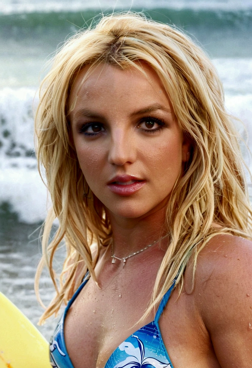 Britney Spears, in a bikini riding a surfboard, ocean waves, beach, beautiful detailed eyes, beautiful detailed lips, extremely detailed eyes and face, long eyelashes, sun, summer, outdoor, action, dynamic pose, splashing water, golden hour lighting, cinematic, dramatic, photorealistic, 8k, high resolution, intricate details, vibrant colors, seamless composition