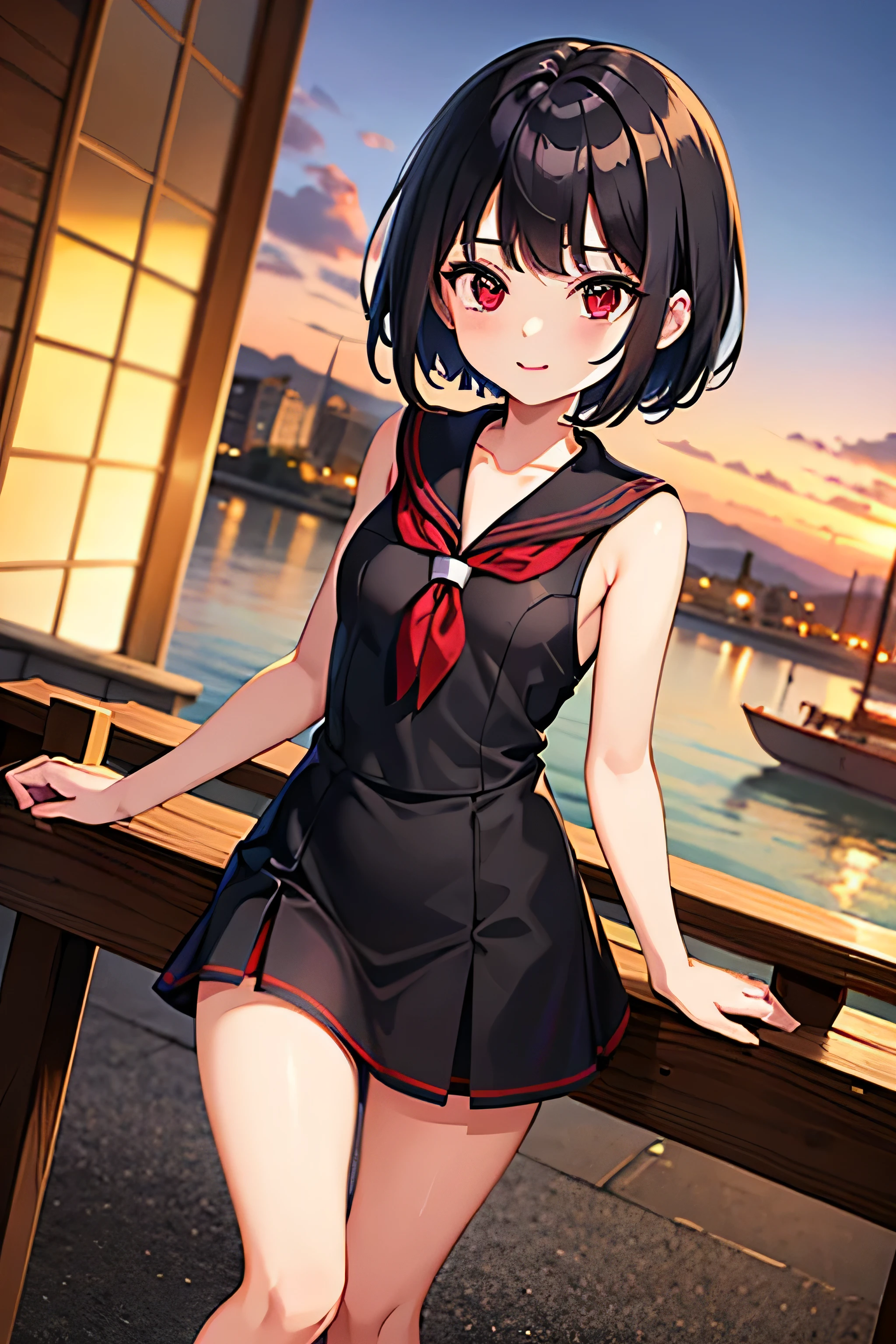 ((best quality)), ((masterpiece)), (detailed), 1girl,10 years old,Black Hair,Red eyes,Short Hair,Black Sailor Suit,