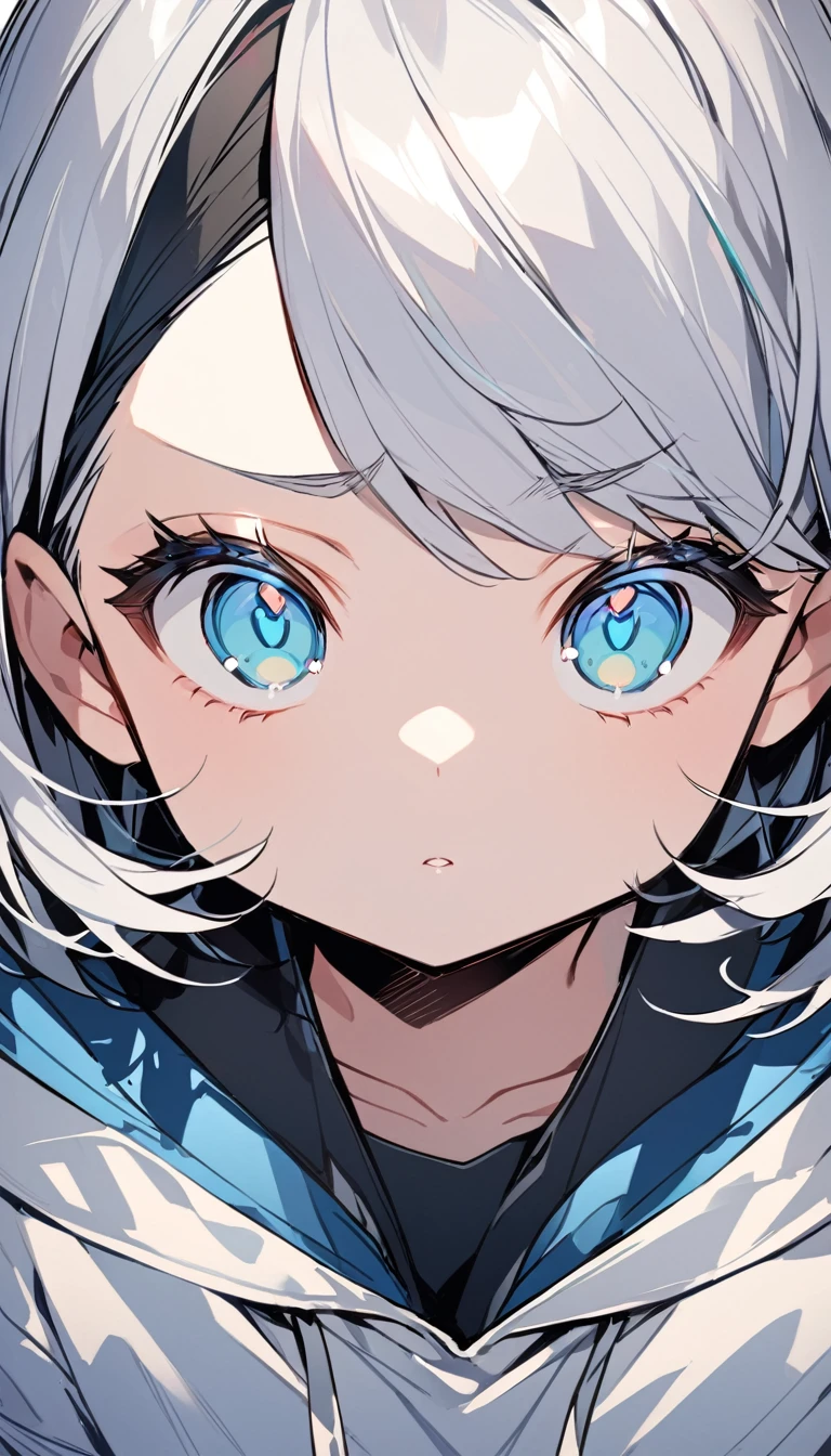 One woman、Black Hair、Silver Hair、Short Hair、White eyelashes、Azure Eyes、Slanted Eyes、front、Wearing a hoodie