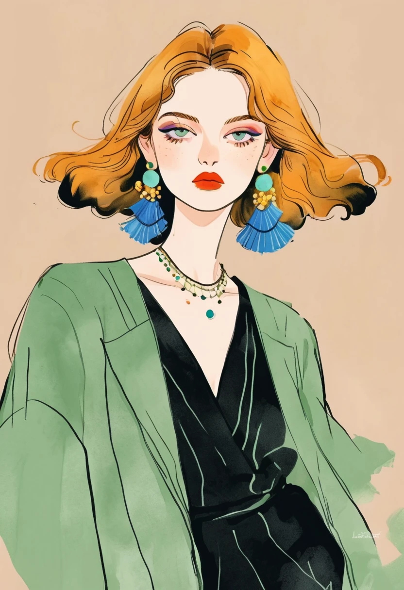 Fashion Design Sketch：Illustration of lady, in style of Digital Illustration, Trending on artstration,Solitary , Digital drawing, Portrait of Loepfe,  Fine Hair, (Black Lines)，Illustration style, Digital Illustration, Color Sketch, watercolor Illustration style,