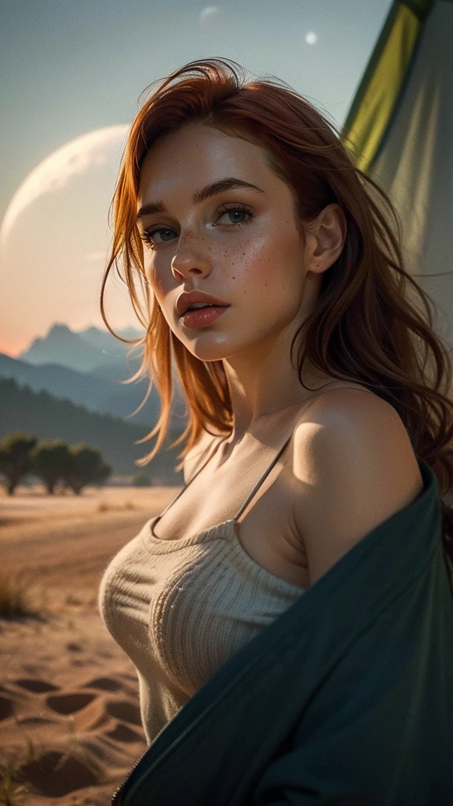 8k,russian girl,Russian traits,natural red hair,1 girl, beautiful jaw, High detailed, perfect , high lighting, realisitic, 8k raw,face detailed, Red hair, gazing at viewer, jewerly, (range) freckles (blue colored eyes) shorth hair, fully body, estilo de shorth hair, short red hair style, detaileds,upper body selfie, glad)), Shooting in a tent, bela luz de fundo, Tent opening sign,work of art, best qualityer, ultra detali, standing alone, exteriors, (the night), mountainscape, naturey, (sao, the moon) happy, glad,, Cozy in a sleeping bag, Dentro da tenda, When you open the tent, You might see some good riders out there.., Woods, rock formations, rivers, Wood, smoke, grimdark, sharp contrast, clear sky, analog style (gazing at viewer:1.2) (texture skin) (film grain:1.3), (warm toned, warm toned:1.2), close up, cinematic light, side lighting, The ultra-Highres, better shadows, .....CRU, top half of body, wearing pullover, Relaxed and intimate photos, with long blonde hair, (A wide variety of fashions) a little distant from the viewer,