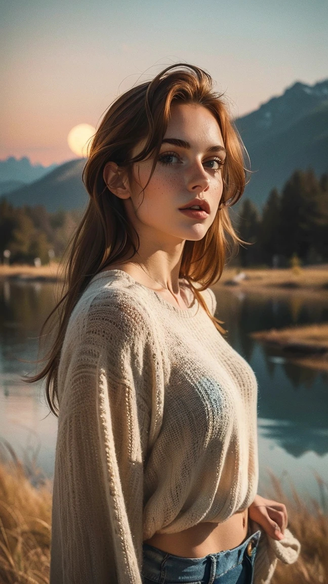 8k,russian girl,Russian traits,natural red hair,1 girl, beautiful jaw, High detailed, perfect , high lighting, realisitic, 8k raw,face detailed, Red hair, gazing at viewer, jewerly, (range) freckles (blue colored eyes) shorth hair, fully body, estilo de shorth hair, short red hair style, detaileds,upper body selfie, glad)), Shooting in a tent, bela luz de fundo, Tent opening sign,work of art, best qualityer, ultra detali, standing alone, exteriors, (the night), mountainscape, naturey, (sao, the moon) happy, glad,, Cozy in a sleeping bag, Dentro da tenda, When you open the tent, You might see some good riders out there.., Woods, rock formations, rivers, Wood, smoke, grimdark, sharp contrast, clear sky, analog style (gazing at viewer:1.2) (texture skin) (film grain:1.3), (warm toned, warm toned:1.2), close up, cinematic light, side lighting, The ultra-Highres, better shadows, .....CRU, top half of body, wearing pullover, Relaxed and intimate photos, with long blonde hair, (A wide variety of fashions) a little distant from the viewer,
