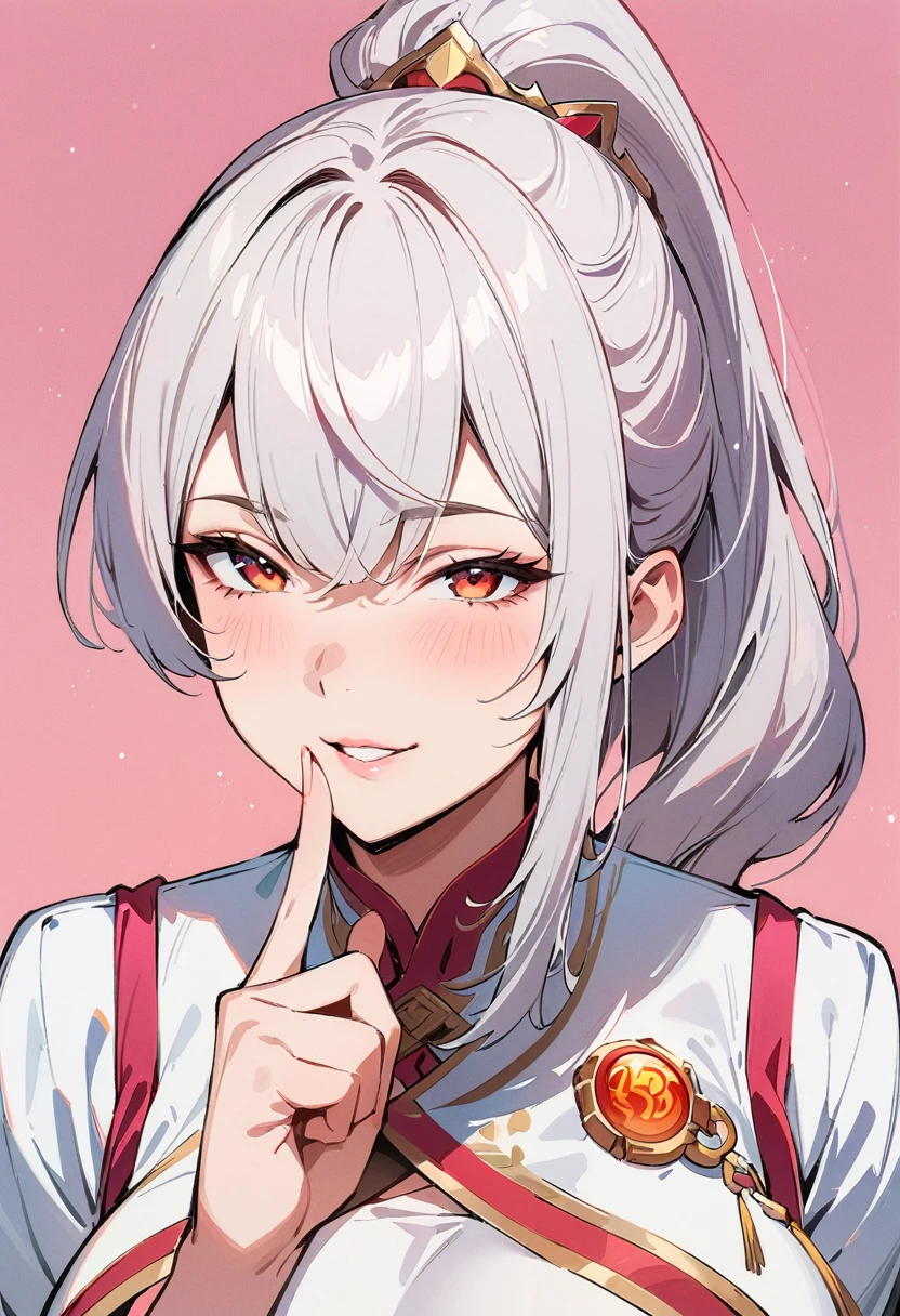 (masterpiece, best quality:1.4), 1 girl, 独奏, Anime style, Red pupil, Blurred eyes, A smile of contempt, Slightly look up, Pink lower lip, Left index finger touching face, Silver asymmetrical hairstyle, Long bangs on one side, High ponytail royal sister, Huge breasts, Dress dress, Vision, Pink background.