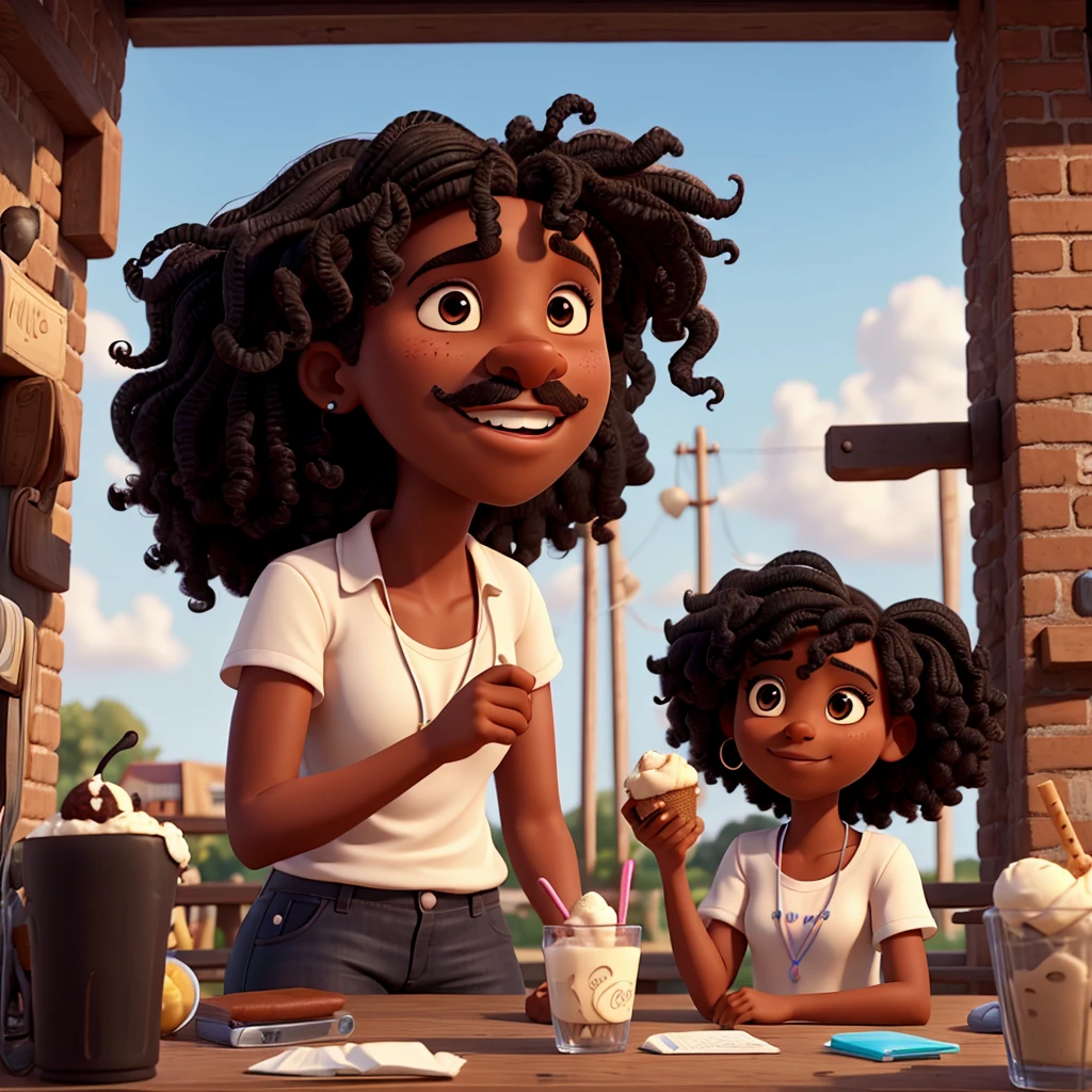curly black woman giving an ice cream to the white boy with a mustache