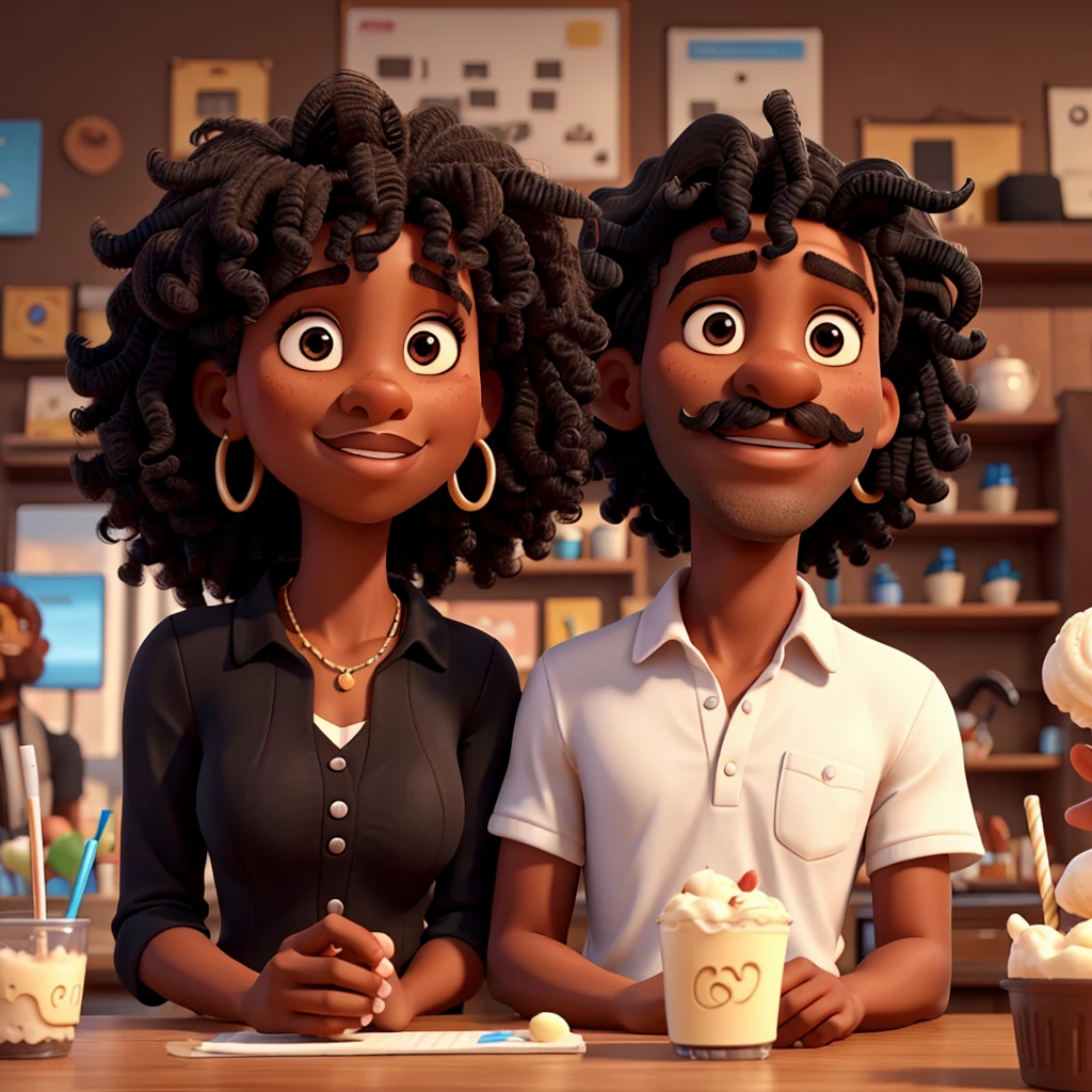  curly black woman giving an ice cream to the white boy with a mustache 