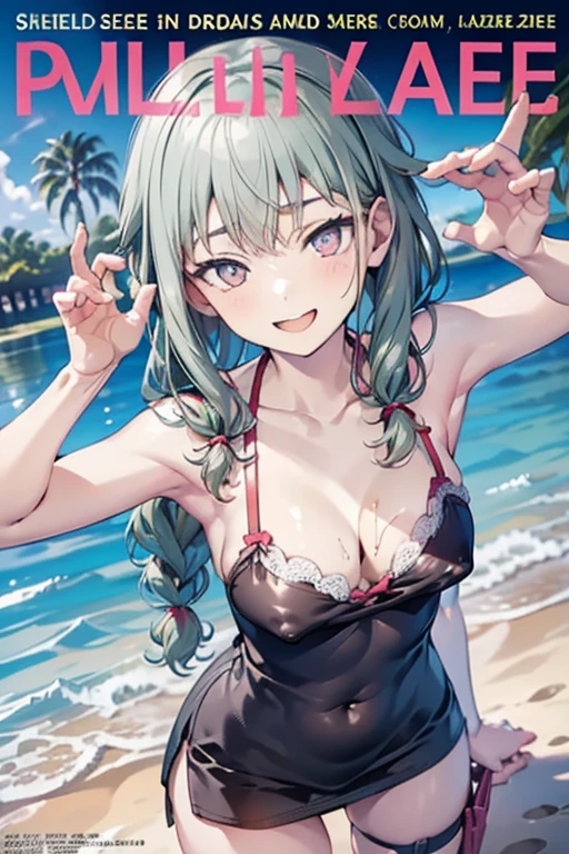 (small breasts:1.2), (perky chest:1.2), (pointed chest:1.2), (Pudding cake magazine cover:1.3),(from below:1.0),(shoot from the side:1.1),masterpiece, 1girl, Amazing Cleavage:1.1, thin waist, optimum,tmasterpiece,hight resolution,best qualtiy,hyper HD,super detailing,awardwinning,a 18yo cute girl,(The upper part of the body),anatomy correct,Beautiful Black miniskirt,garters,Gaze,Small face,bangss,holster,Beautuful Women,hands up,leg holster,Gaze,black boots,Cowboy Shot,cute face,a blond,Longhaire,Twin-tailed,Braids, Hairline,(scarlet eyes),long eyelasher,Hanging eye corners,White skin of the, ((see through camisole:1.1)), ((Sheer nipples:1.0)),Rocket ,(Slim body),smile,seductive weak smiling,(with sparkling eyes and a contagious smile),little open mouth, Looking at Viewer,