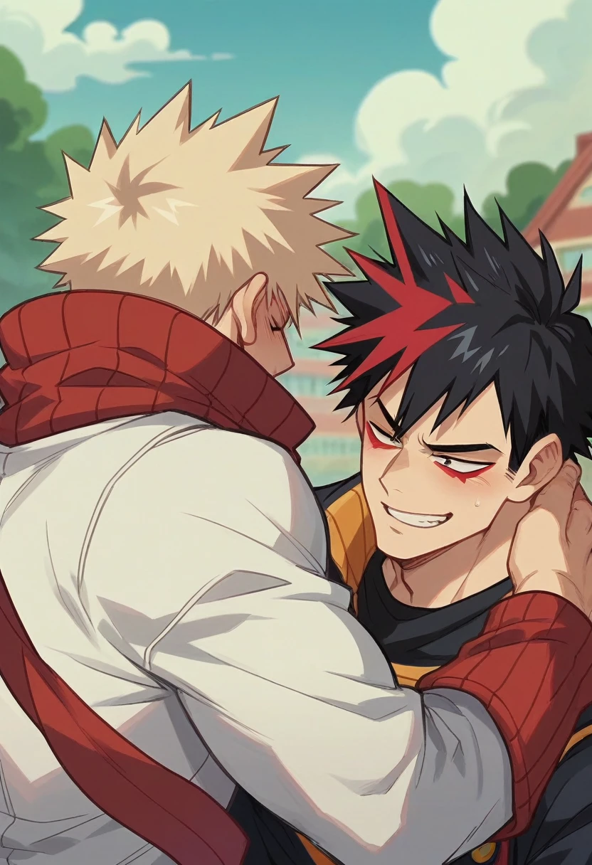 screenshot of my hero academy, a man with black hair with a red streak, hugging Bakugo, screenshot of my hero academy