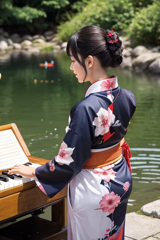 Back view of a woman in a kimono playing a keyboard with one hand and fishing with the other