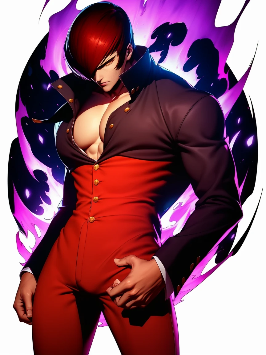 1boy,solamente, Iori Yagami, the King of fighters Perfect Details Add 8;7, Iori Yagami KOF,yagami Iori,(Cara con detalles perfectos, Ojos con detalles perfectos,),((cuerpo medio primer plano)), ((fondo blanco,)) simplemente fondo, ((Detalles perfectos del cuerpo,)),,cabello rojo,ojos rojos,( chaleco negro,) White nightgown, Red trousers, zapatos negros,fondo blanco,fondo  simple,rage, dark purple theme, red glow eyes, from below,