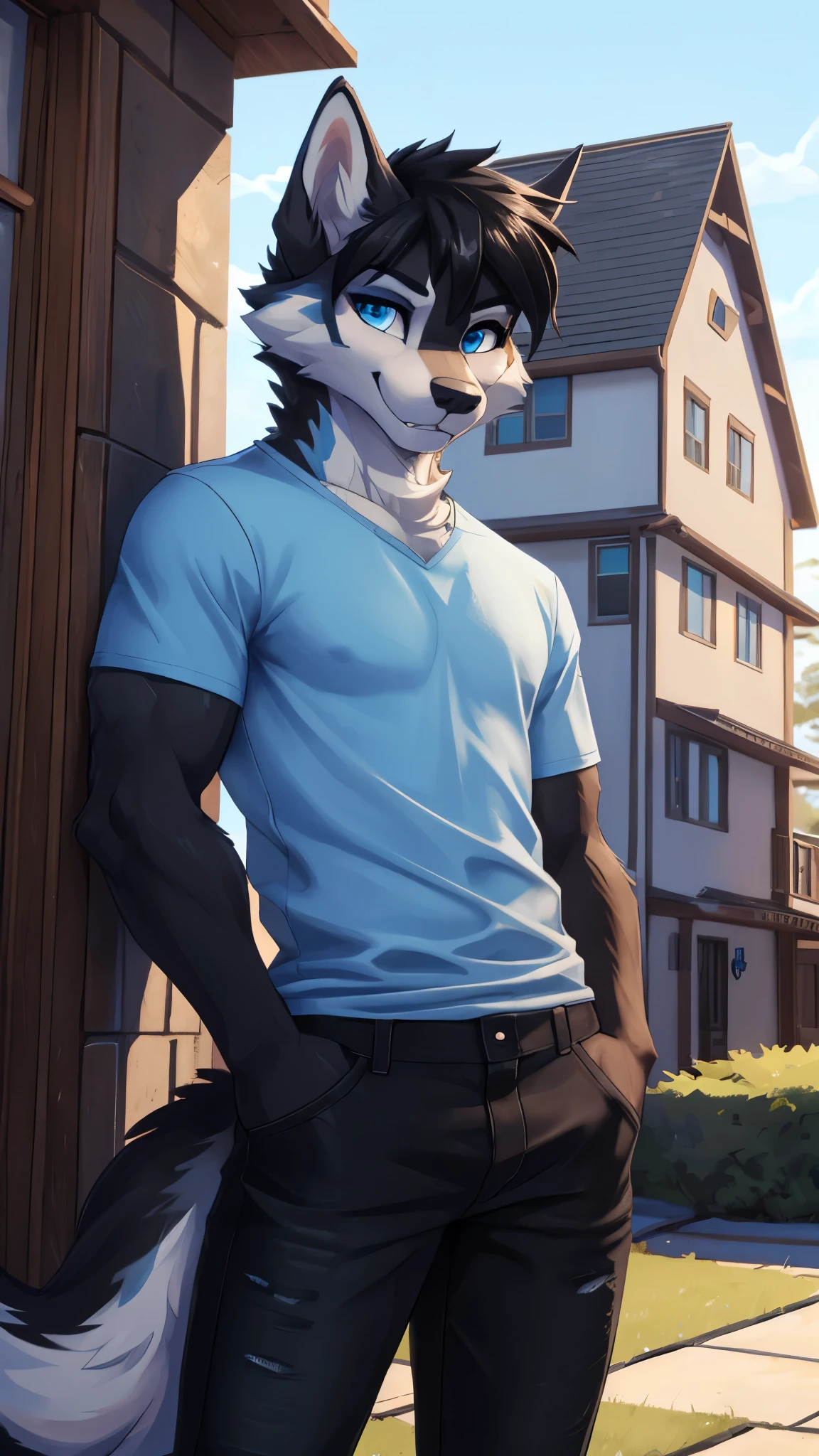 Sexy Posing, 1male, 30 years old, cute, eyeliner, short black hair, biting lip smile, light blue shirt, anthro, husky dog, front yard background, 8k, hi res, (best quality, masterpiece), blue eyes, standing, husky tail, black jeans, seductive. Black fur