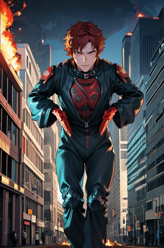 1 person、Hot Ghost Biker with Curly Red Hair、Stand with your feet apart、Desperate Face、((Burning hand))、Skyscrapers、((Exploding building)),