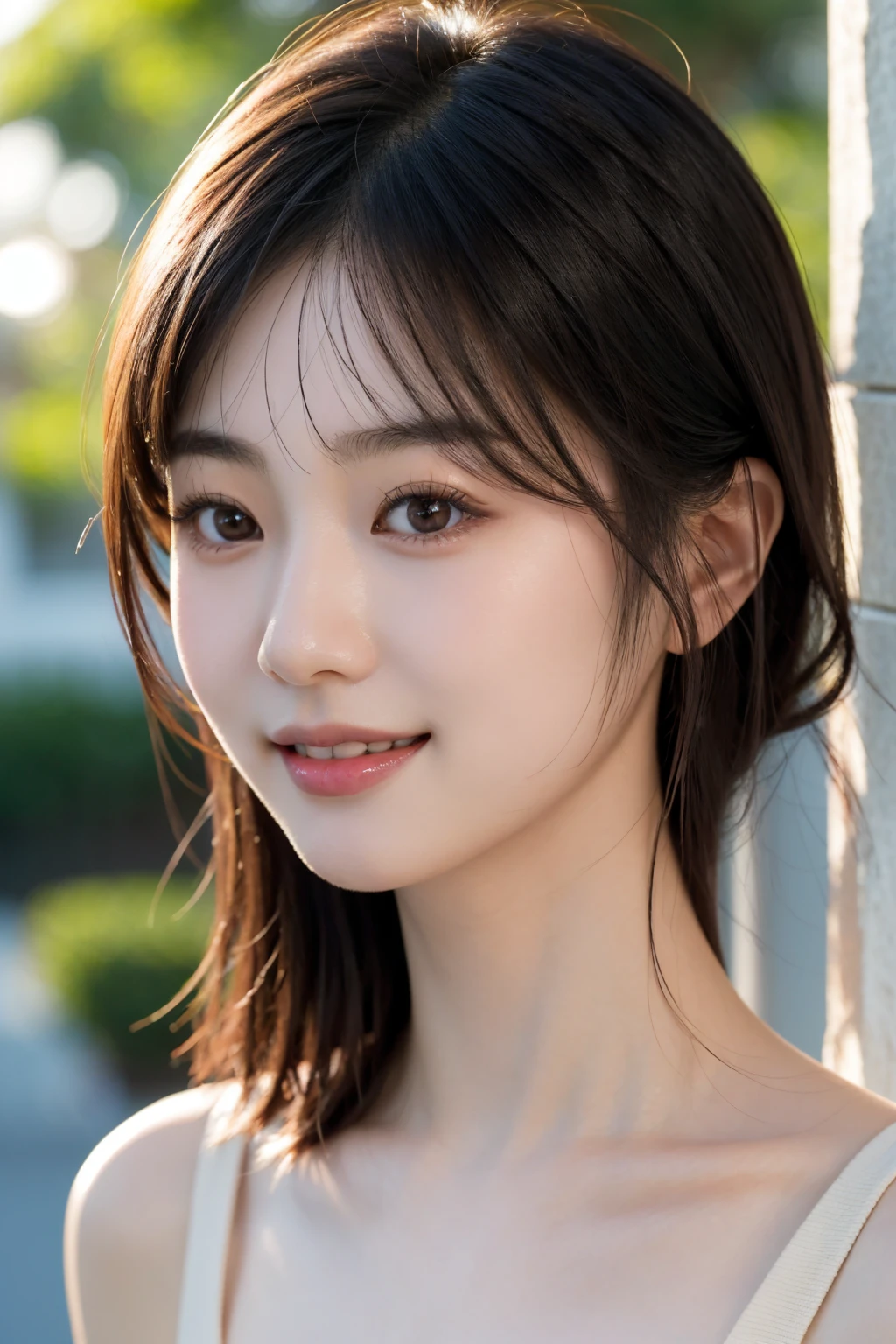 1girl, asian female, 25yo japanese woman, beautiful girl (pale skin, light black hair, bright eyes), dark pink lips, smile, beautiful skin, detailed eyes. brown eyes, Himecut hairstyle, front face, head, portrait, realistic,