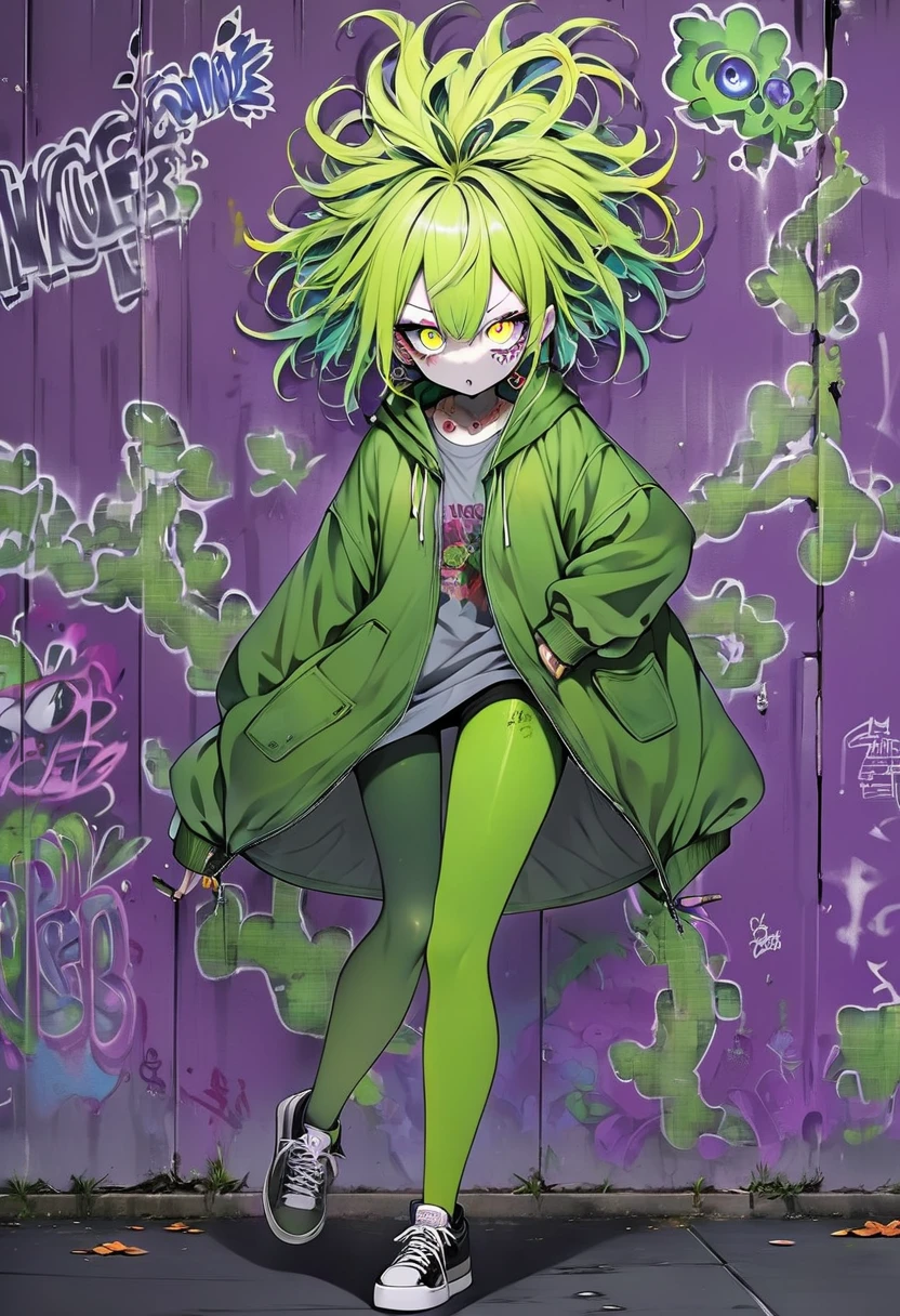 ((long shot, full body: 1.6)), purple: 1.5, orange: 1.1, green: 1.3, White: 1.3, yellow: 1.3, (rapper girl with scary hair, highly detailed eyes and body and beautiful baggy and baggy clothes :1.6), tattoos, (walls with Graffiti: 1.2), flower, Leaves, born in the mist, lines, leaning on the wall with a spray paint in her hand, action pose, 32K.