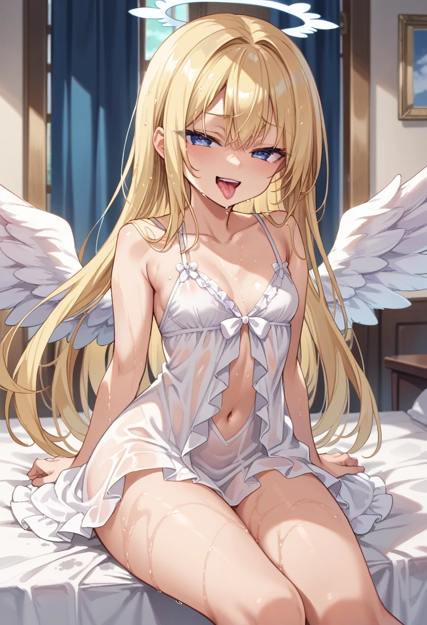 Score_9, score_8_up, 4k, 8k, detailed face, source_anime, smug angel girl with small breasts, pretty girl, thick thighs, blonde hair, long hair, (butakoma 300g), angel wings, white outfit, white babydoll, see-through outfit, inside heaven, wet tongue, moaning, open mouth,