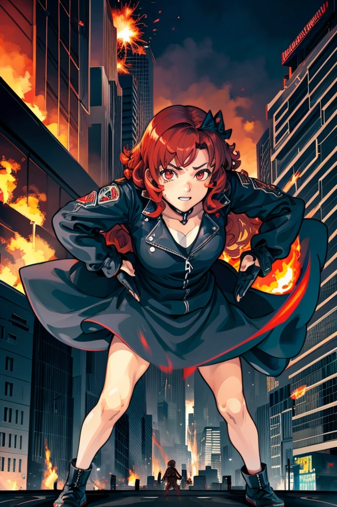 1 person、Hot Ghost Biker with Curly Red Hair、(Bow-legged)、Desperate Face、((Burning hand))、Skyscrapers、((Exploding building)),