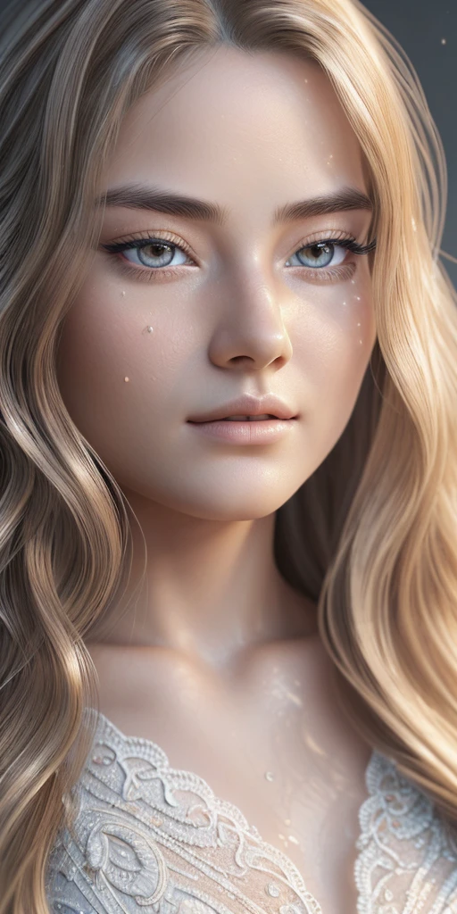 (hyperrealistic), (enlightenment), (a high resolution), (8 K), (very detailed), (The best enlightenmentns), (beautiful detailed eyes), (top quality), (ultra-detailed), (masterpiece), (wallpaper), (detailed face), beautiful detailed eyes, beautiful detailed lips, very detailed face, long eyelashes, blonde wavy hair, bang, wet tight white crop top, , I&#39;m standing on the edge of the pool, Body facing forward, showing armpits, big breasts, firm breasts, voluptuous body, body shape bomb, Water flows down the body, full length portrait, full body close up, with pale skin, Pale woman, by Monia Merlot, Johannes Wemer, Steven Meisel, based on Johannes Vermeer, with a white complexion