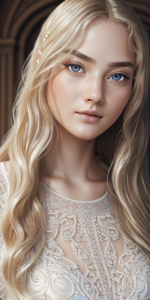 (hyperrealistic), (enlightenment), (a high resolution), (8 K), (very detailed), (The best enlightenmentns), (beautiful detailed eyes), (top quality), (ultra-detailed), (masterpiece), (wallpaper), (detailed face), beautiful detailed eyes, beautiful detailed lips, very detailed face, long eyelashes, blonde wavy hair, bang, wet tight white crop top, , I&#39;m standing on the edge of the pool, Body facing forward, showing armpits, big breasts, firm breasts, voluptuous body, body shape bomb, Water flows down the body, full length portrait, full body close up, with pale skin, Pale woman, by Monia Merlot, Johannes Wemer, Steven Meisel, based on Johannes Vermeer, with a white complexion