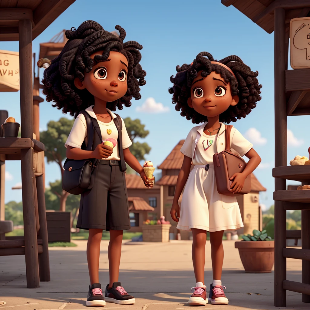 Curly black girl, talking with an ice cream in her hand. Next to a white-skinned boy with a black mustache