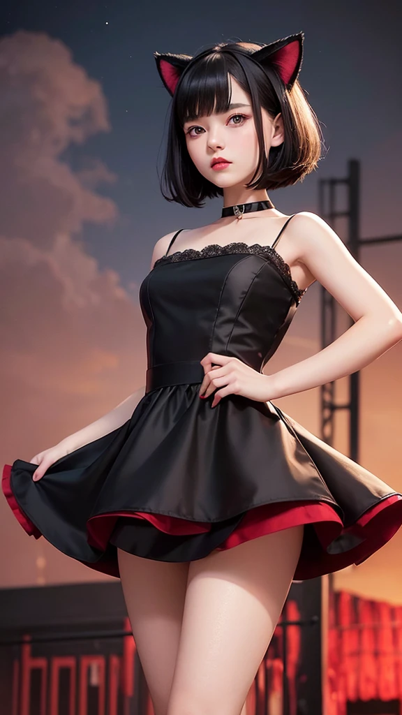 Delicate and dainty young woman with shiny bob-cut black hair and cat ears. She is wearing red dress with mini-skirt. The background is a fantastic and ethereal night sky that seems to be haunted by a specter. Her expression is stern and atmospheric. 10 years old