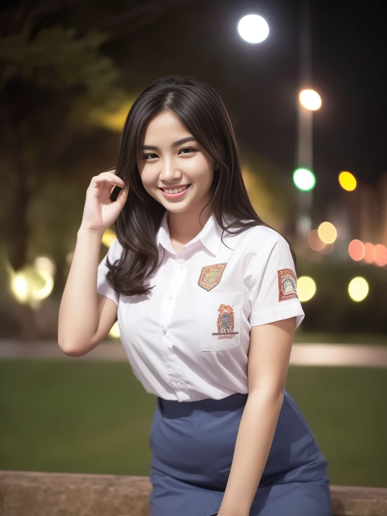 1girl, (uniform), outdoors, night view, detailed Metropolitan city at the background, (Overhead view:1.2), (zoom out: 1.2), detailed face, cute little smile, detailed eyes, big thick breasts, smooth realistic skin, semi-curvy body, white shirt, grey blue short skirt, looking at the audience, (8k, RAW photo, best quality, masterpiece: 1.3), (realistic, realistic: 1.37), ultra-high resolution