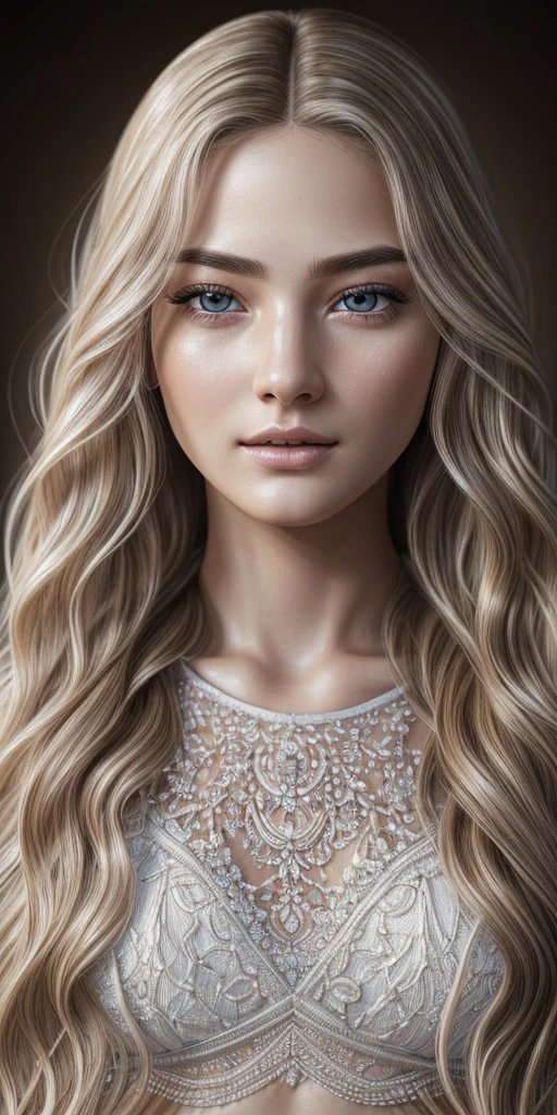 (hyperrealistic), (enlightenment), (a high resolution), (8 K), (very detailed), (The best enlightenmentns), (beautiful detailed eyes), (top quality), (ultra-detailed), (masterpiece), (wallpaper), (detailed face), beautiful detailed eyes, beautiful detailed lips, very detailed face, long eyelashes, blonde wavy hair, bang, wet tight white crop top, , I'm standing on the edge of the pool, Body facing forward, showing armpits, big breasts, firm breasts, voluptuous body, body shape bomb, Water flows down the body, full length portrait, full body close up, with pale skin, Pale woman, by Monia Merlot, Johannes Wemer, Steven Meisel, based on Johannes Vermeer, with a white complexion