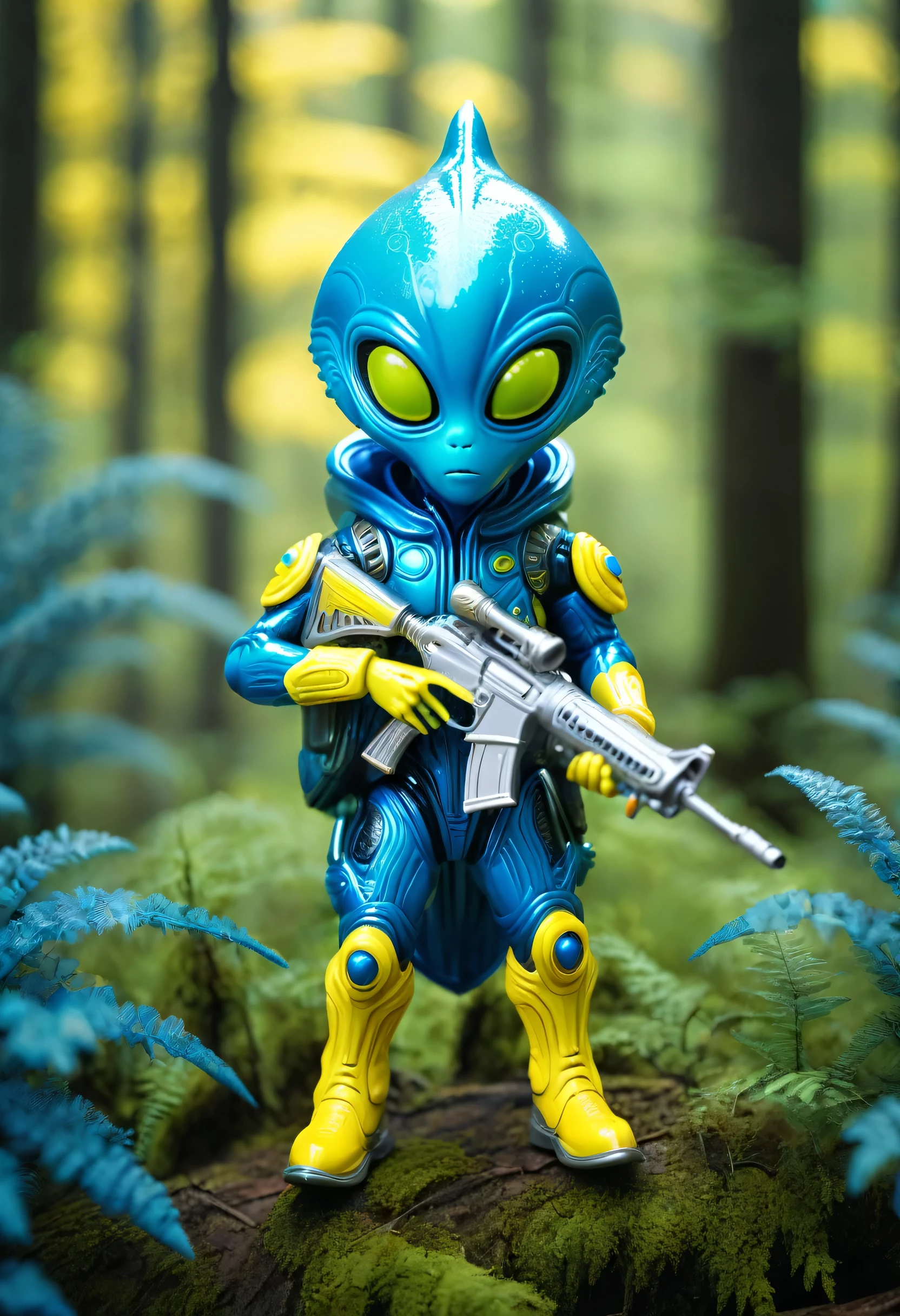 Toy art, alien, character, alien toy with a rifle, blue hood coat, blue and yellow, high tech, futuristic, 8k, 4D ornamented, glass skin, forest background