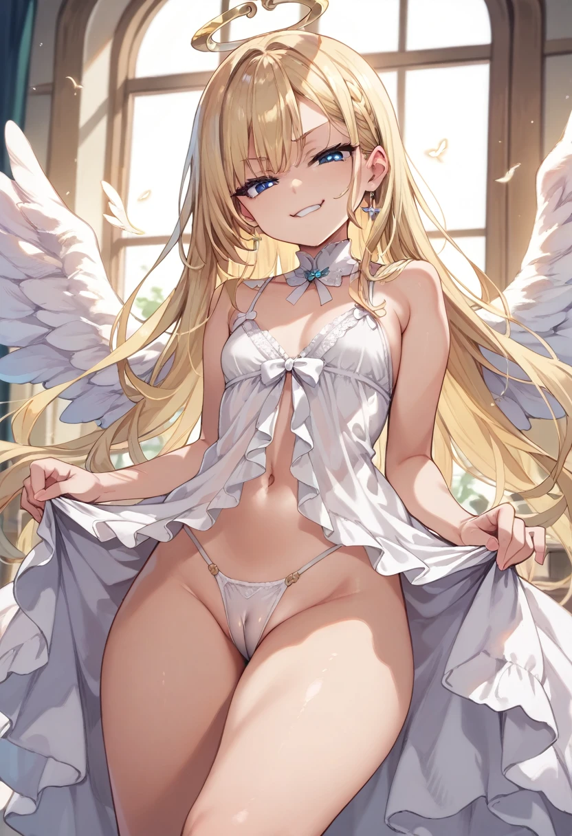 Score_9, score_8_up, 4k, 8k, detailed face, source_anime, smug angel girl with small breasts, pretty girl, thick thighs, blonde hair, long hair, (butakoma 300g), angel wings, white outfit, white babydoll, thong, cameltoe,