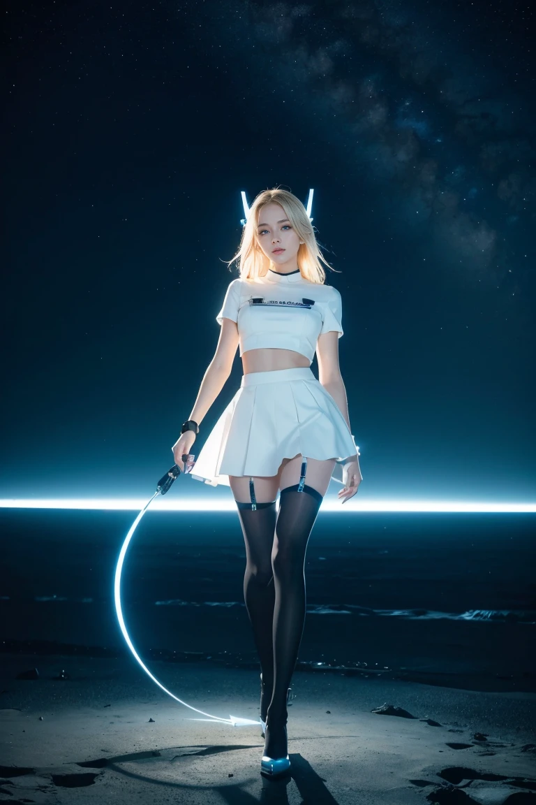 beautiful blonde, Alexa Grace, , (stockings:1.2), with eyeliner, full-length, masterpiece, (((thin body))), (Viewers look at, 8k vector photo, very young girl, beautiful brown eyes, Realistic lighting, Detailed outfit, realistic facial features, Overdetalization, short sleeves, on a highly detailed a digital image of a massive futuristic white spaceship.) (short skirt) The ship has a robust industrial design with antennas, turrets and mechanical components protruding from its surface. The case is made mainly in bright white with blue luminous inserts, which gives it a menacing and powerful look. In the background, a dark space environment is depicted, against which celestial bodies are visible, which gives the scene depth and scale. The overall composition is dynamic, the main ship is positioned diagonally, which suggests movement and action.