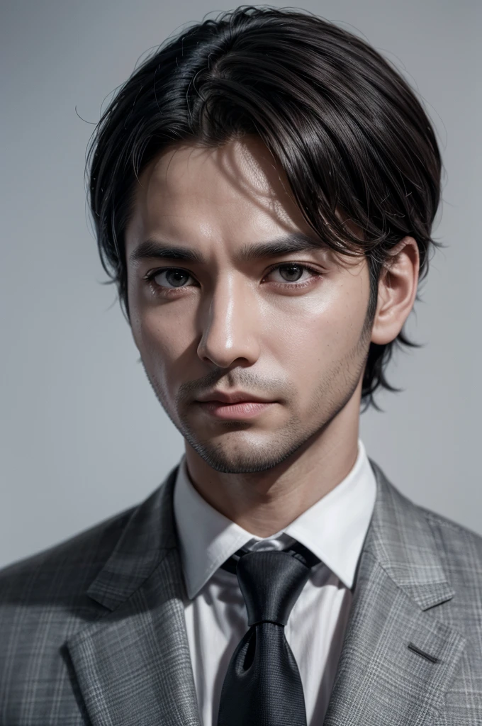 male, black, 35 years old, short hair, brown eyes, cimetric face, wearing a suit, white background, 3:4 image, cinematic lighting, close-up, UHD, high quality, 8k