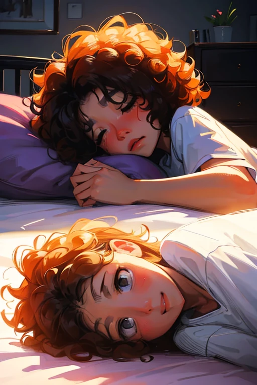 The sad curly woman, in your room lying down crying