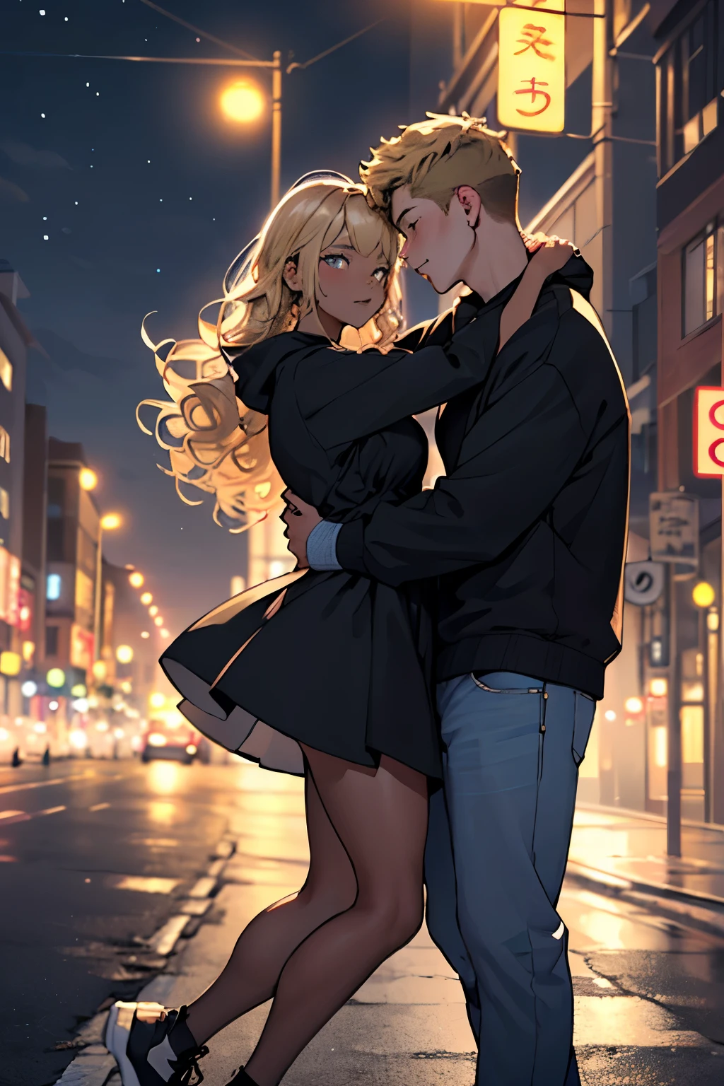 ((best qualityer)), ((work of art)), A couple 1 white boy, Blonde hair falling over your face . 1 girl, with curly brown hair, darkskin, why.They are both hugging. In a landscape full of lights at night. The boy is wearing a black sweatshirt and jeans and the girl is wearing a yellow dress.