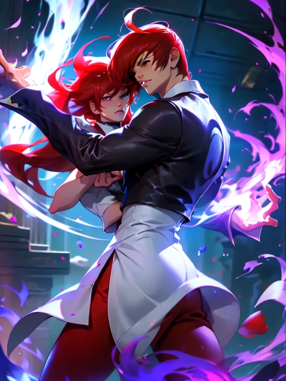 (The best quality,4k,High Resolutions:1.2),ultra detailed,(realist:1.37),1boy,only, Iori Yagami KOF,Iori Yagami,,Fiercely flowing red hair waving in the wind,black leather vest that fits perfectly to his muscular frame,white nightgown fluttering around him,red pants hugging her legs,black shoes shining with elegant polish