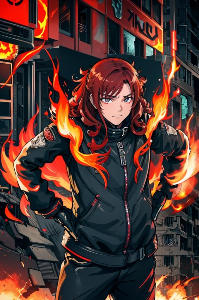 1 person、Hot Ghost Biker with Curly Red Hair、(Bow-legged)、Desperate Face、((Flame-filled hands))、Cyberpunk city、((Exploding building)),