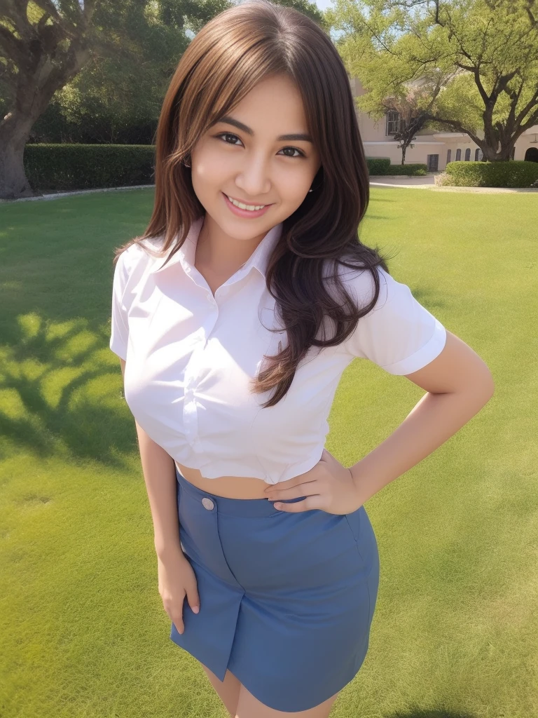 1girl, (uniform), standing, outdoors, night view, detailed Metropolitan city at the background, (Overhead view:1.35), (zoom out: 1.1), detailed face, cute little smile, detailed eyes, medium thick breasts, six pack abs, smooth realistic skin, semi-curvy body, white shirt, grey blue short skirt, looking at the audience, (8k, RAW photo, best quality, masterpiece: 1.2), (realistic, realistic: 1.37), ultra-high resolution