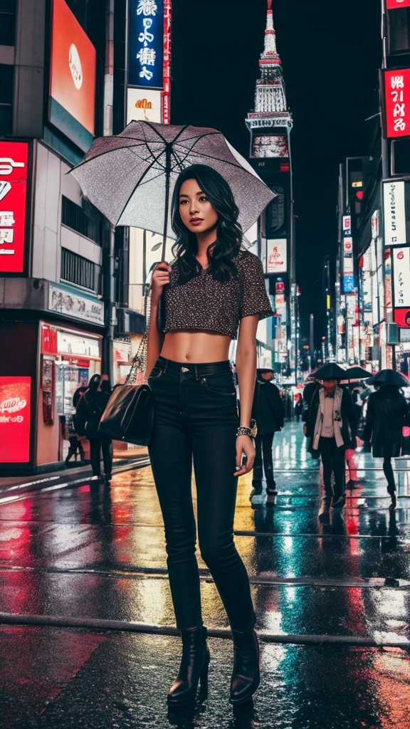 **Prompt for a Realistic Image: Sexy and Beautiful American Model in Tokyo at Night**

Create an ultra-realistic, high-resolution image of a sexy and beautiful American model wearing street casuals in the bustling city of Tokyo at night. The scene captures the vibrant energy and urban atmosphere of Tokyo.

The scene includes:
- **The model**: She is an attractive American woman with a striking appearance, wearing trendy street casual attire. She has on a form-fitting, stylish crop top paired with high-waisted jeans that accentuate her figure, and fashionable ankle boots. Her hair is perfectly styled in loose waves, and she carries a designer handbag. Her makeup is flawless, with a confident and alluring expression as she navigates the city.
- **The city**: Neon signs and billboards light up the streets with a kaleidoscope of colors, reflecting off the wet pavement from a recent rain. The famous Shibuya Crossing is packed with people, creating a dynamic and lively atmosphere.
- **Background elements**: Skyscrapers with illuminated windows, bustling shops, and street vendors add to the urban setting. Cars and taxis with their headlights on move through the streets, and the iconic Tokyo Tower can be seen in the distance, glowing against the night sky.
- **Additional details**: Streetlights cast a warm glow, and the reflections of the city lights on the wet pavement create a vibrant, electric ambiance. Pedestrians with umbrellas move through the scene, adding motion and life to the image.

The overall composition captures the essence of Tokyo's nightlife, with the stunning model seamlessly blending into the vibrant, energetic urban environment, exuding confidence and allure.