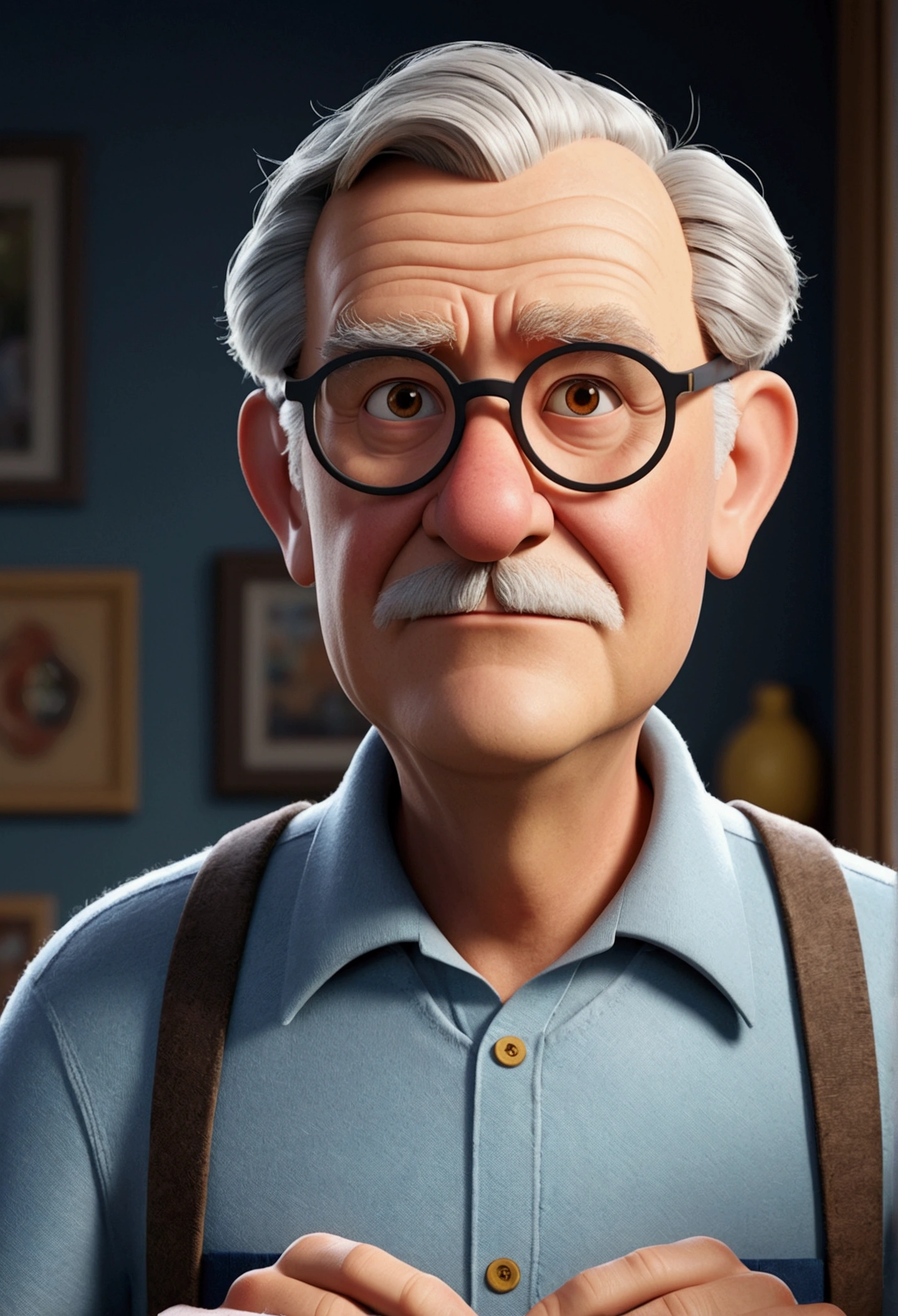 Create a 3D poster inspired by Disney Pixar with the character of a tender grandfather, A gray-haired man with glasses., so in a furrow