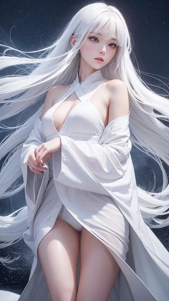 Delicate and dainty young woman with long glossy white hair. She is wearing a white only short thigh-baring kimono. The background is a fantastic and ethereal night sky with a heavy snowstorm. Her expression is stern and atmospheric. Strong winds.