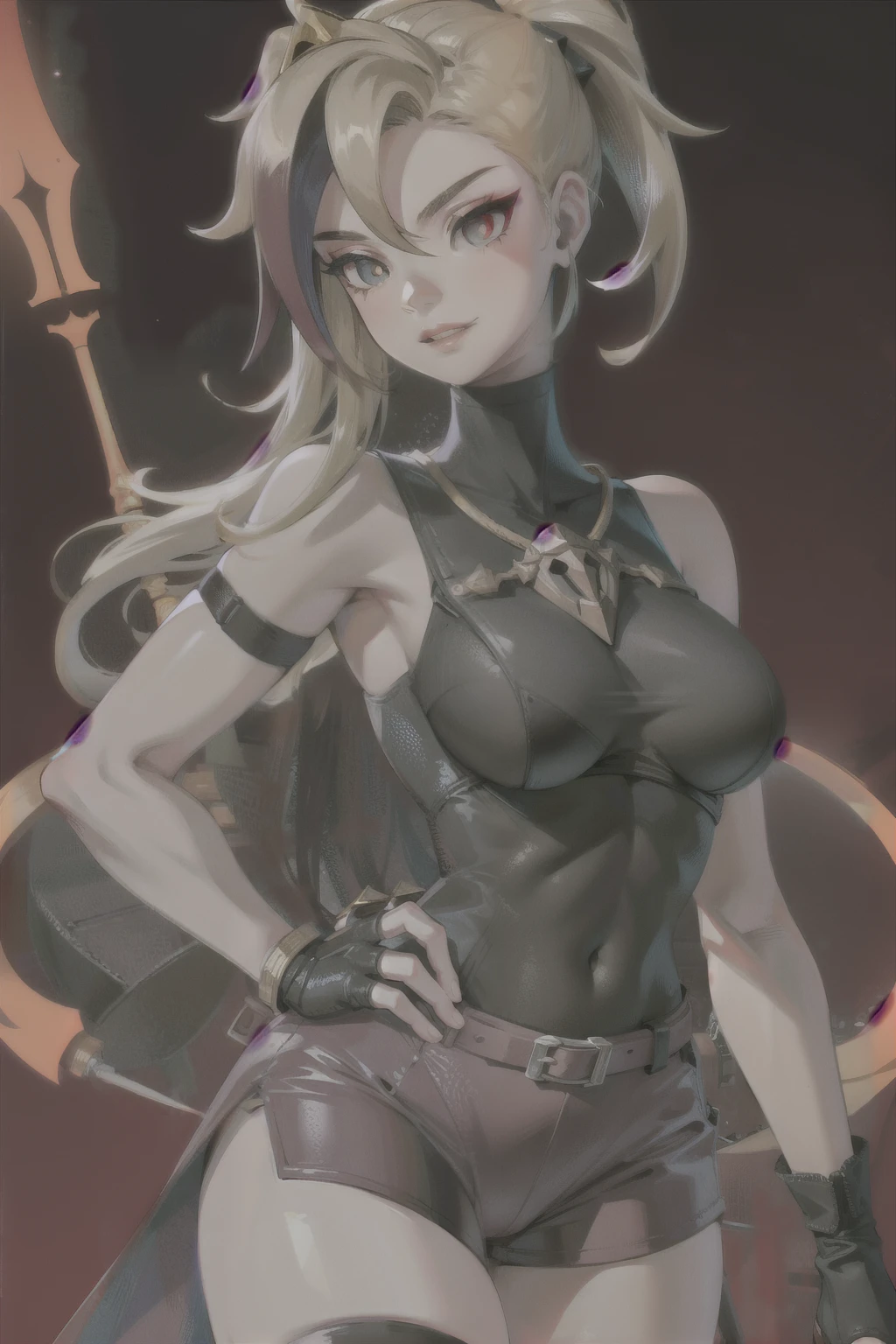 (masterpiece, best quality:1.2), red glowing eyes, red eyes, the eyes are red, perfect face, strong make up, highres, 1 girl, ultra long ponytail, (female:1.5), strife, blonde hair streaked with lots of red highlights, two colors hair (blond and red), hight flame outfit, shoulder armor, sleeveless turtleneck, suspenders, belt, gloves, hands on the thighs, bracer, pre potent smile, perfect legs, relaxed down arms , evil smile, evil pose, standing, portrait, looking at viewer, Her hair is streaked with lots red and blonde highlights.