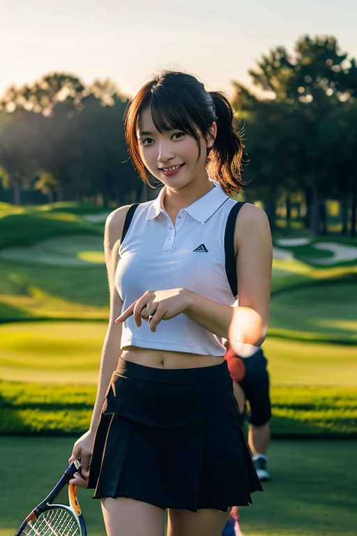 (highest quality,8K quality,masterpiece:1.3),(ultra high resolution,photorealistic:1.4,Live shooting),(Super detailed,caustics,detailed background),(ultra-realistic capture,Beautifully detailed skin,perfect anatomy), at dusk,sunset sky.

1girl, 22-year-old,super cute, amateur tennis player, Super duper good face, kind smile, a picture 🖼️of hope positive thinking, self care & balance, she's sweating and feeling butterflies in her stomach,

single eyelids ,black short BOB Hair, sexy ponytail, flirting at the camera,dress in Polo shirt, mini-skirt、her thighs are the highlights of the golf game、,bust up shot,Natural light, bokeh, SFW)
