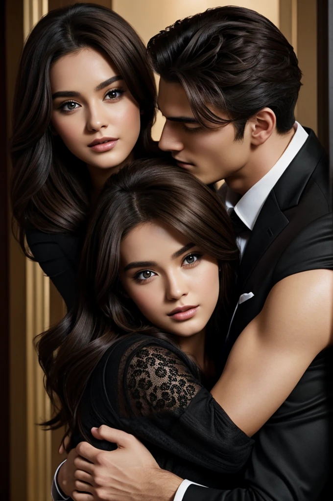 Brown haired woman hugs stunning black haired man in black suit for Wattpad cover, sexy