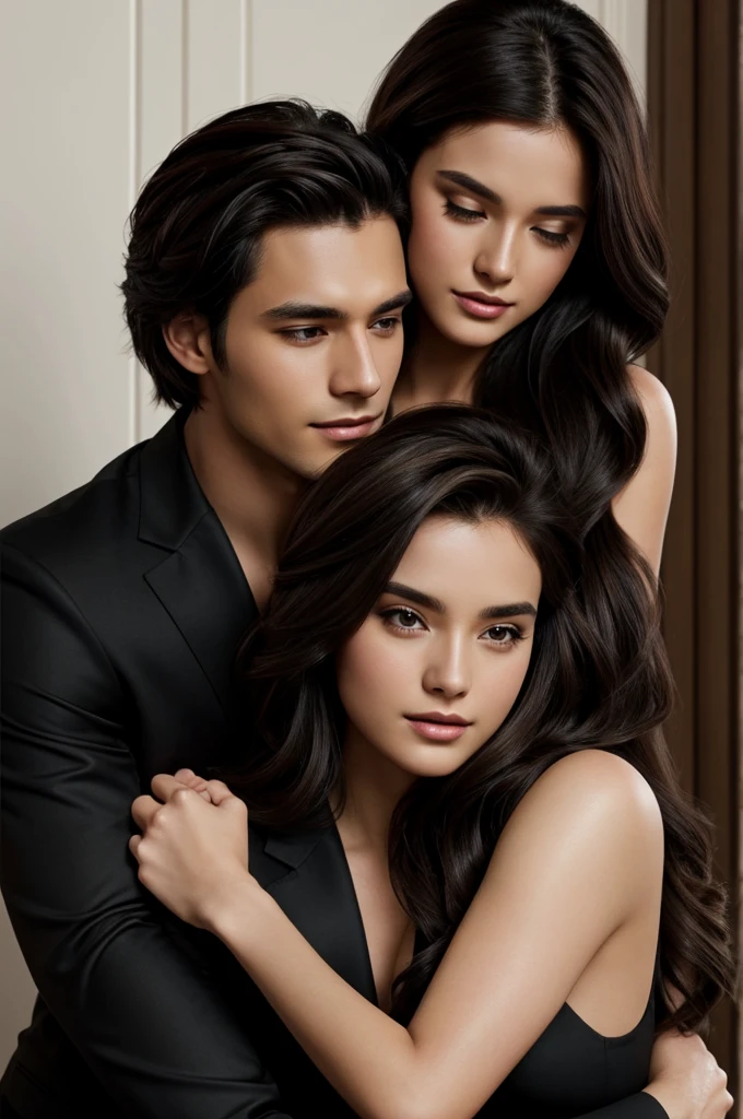 Brown haired woman hugs stunning black haired man in black suit for Wattpad cover, sexy