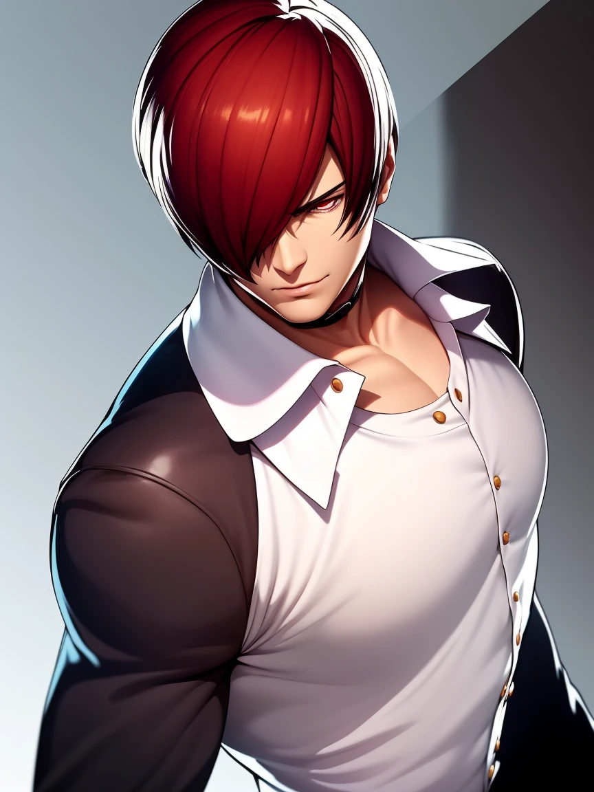 1boy,only, Iori Yagami, the King of fighters Perfect Details Add 8;7, Iori Yagami KOF,Iori Yagami,(Face with perfect details, Eyes with perfect details,),((half body closeup)), ((White background,)) simply background, ((Perfect body details,)),,Red hair,Red eyes,( black vest,) White nightgown, Red trousers, black shoes,White background,White background simple,