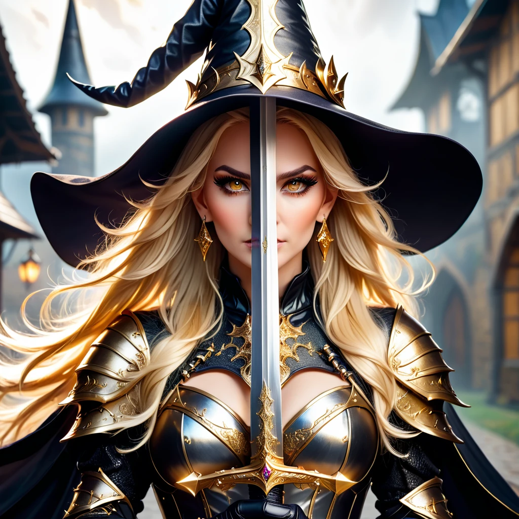 Beautiful Witch Blonde Girl and with Long Golden Sharped Sword with a Beautiful Blonde Long Flowing Hair wearing a Witch Hat and wearing a Witch Chestplate Armor with Jewelry Earrings with gloves with Makeup with the Best Quality with High Details with Textured Skin as a Masterpiece in a High Resolution in 8K Quality, proud pose with long golden sharped sword with her two hands, fierce expression, swordup