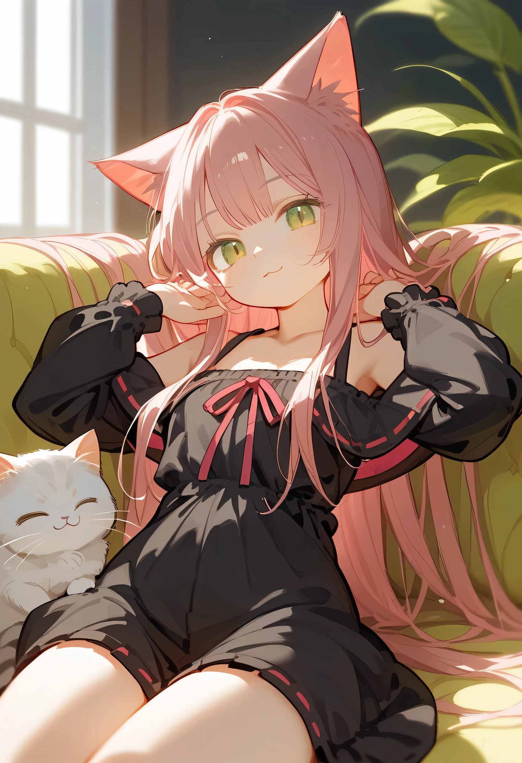 Anime girl lying on the sofa, her hands supporting her head, seductive anime girl, pixiv 3dcg, anime cat girl, Cute anime cat girl, Limuru, relaxed posture, beautiful anime cat girl, relaxing on the sofa, highest rating on pixiv, pixiv, on pixiv, very beautiful anime cat girl, pink hair, medium chest.