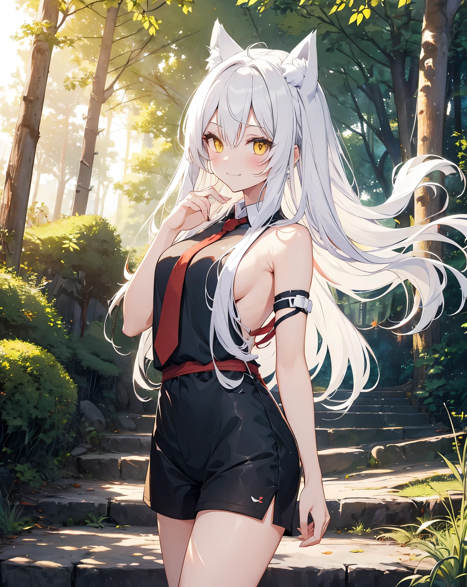 (Highest quality, Masterpiece: 1.2), (Solo), detailed night cute shot CHARACTER DESCRIPTION 1girl, cat ears, neko ears, fox tail. she's my girlfriend. solo, ((yellow eyes)), ((white_hair)). smile, long_hair, hair_between_eyes, Cute smile, she's flirting, looking_at_viewer, she blush. CLOTHES bare shoulder, ribbon on hair, Red Ribbon as necktie, black transparent black shirt, white shorts, red ribbon on hair, white nike sneakers with black details. AMBIENT Japanese mountain, Red Torii, Night Blue sky, white clouds, (Anime coloring book sky), Heaven, cliff, mirage, meteorite, 1moon. CORRECTION easy hand pose ACTION she is climbing the steps of a path to reach a japanese temple surrounded by nature. temple in the middle of the forest. lensflare. moonflare. delicate shot. relaxing shot.
face focus