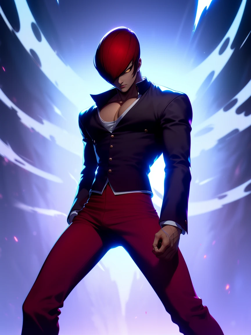 1boy,solamente, Iori Yagami, the King of fighters Perfect Details Add 8;7, Iori Yagami KOF,yagami Iori,(Cara con detalles perfectos, Ojos con detalles perfectos,),((cuerpo medio primer plano)), ((fondo blanco,)) simplemente fondo, ((Detalles perfectos del cuerpo,)),,cabello rojo,ojos rojos,( chaleco negro,) White nightgown, Red trousers, zapatos negros,fondo blanco,fondo  simple,rage, dark purple theme, red glow eyes, from below,