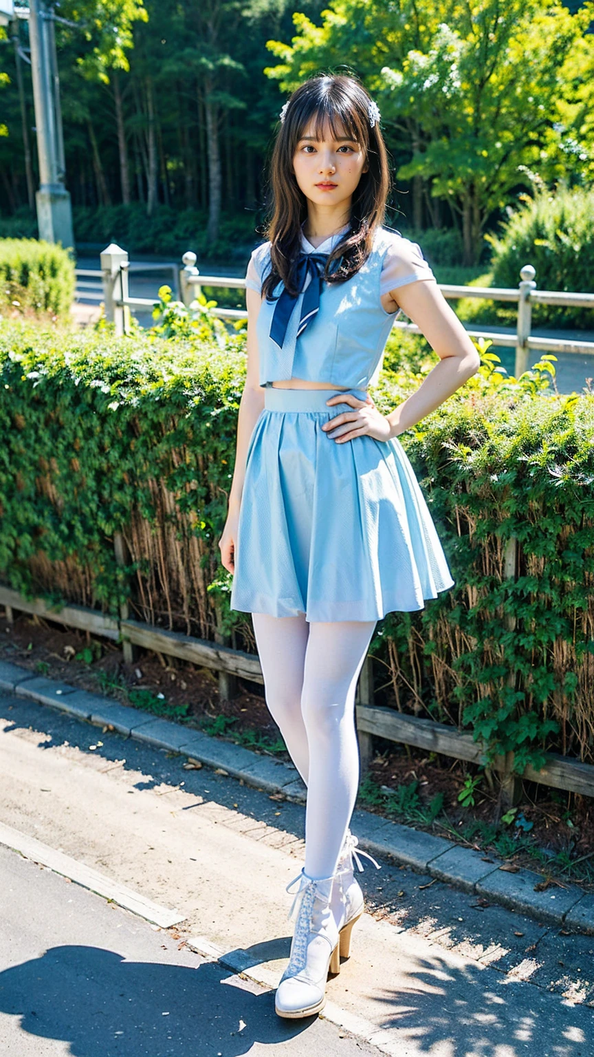 (8k、RAW Photos、Highest quality、masterpiece:1.2)、(Realistic、Realistic)、1 girl、((White Mini Skirt、Light blue dress、See-through、Frilledium Hair、Pretty Cure Costume、See through、tights、ribbon、boots、Accentuate your breasts、whole body、garden、View from the front、Looking into the camera、Stand with hands on hips))、